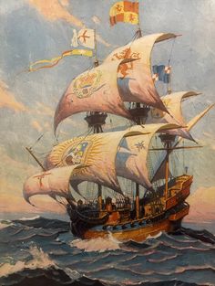 a painting of a pirate ship in the ocean