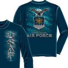 a blue shirt with an air force emblem on it