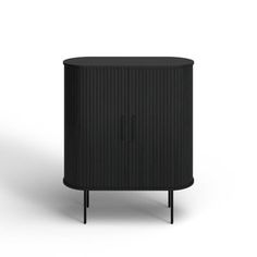 a black cabinet sitting on top of a white floor