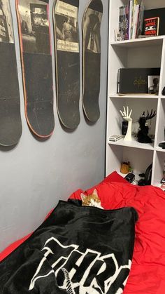 a bedroom with skateboards mounted to the wall