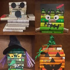 four halloween bookshelves made out of old books