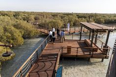 people are walking across a wooden bridge over water in the middle of an open area