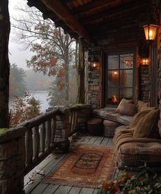 the porch is covered in fall foliage and has a couch on it, along with an area rug