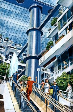 people are walking up and down an escalator in a building with glass walls