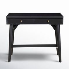 a black desk with two drawers on one side and an open drawer on the other