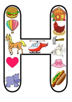 the letter h is made up of pictures of animals, hotdogs and other things