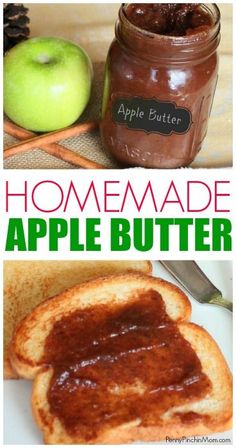 homemade apple butter is in a jar and on top of bread