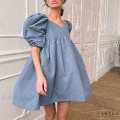 Lasaky - Cotton Bubble Sleeve Loose Neck Short Skirt Solid Color Dress Mini Dress Short Sleeve, Short Pollera, Vintage Mini Dresses, Office Dresses For Women, Flirty Dresses, High Waist Dress, Loose Fitting Dresses, Solid Color Dress, Sleeves Clothing