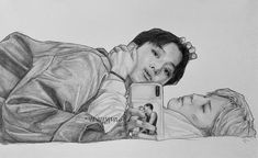 a drawing of two people laying on the ground with a cell phone in their hand