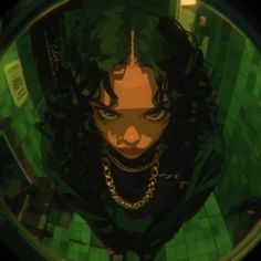 a woman with green eyes is looking through a magnifying glass window at the camera