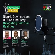 there are three people in front of a microphone with the words, africa down stream oil & gas industry navigating post - pi centre realities