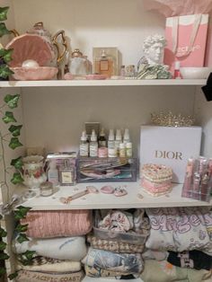 a shelf filled with lots of personal care products and knick - knacks