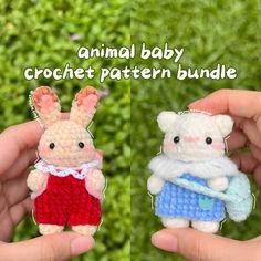 two small crocheted animals are held in their hands