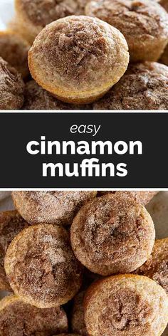 cinnamon muffins stacked on top of each other with text overlay that reads easy cinnamon muffins