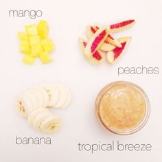 the ingredients for a fruit smoothie laid out on a white surface with words describing them