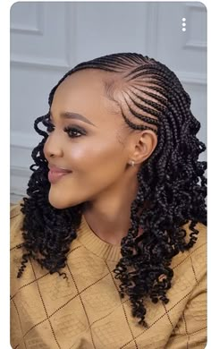 Plaited Hairstyles For Wedding, Cornrow To The Side, Fulani Updo Braids, Braids With Cornrows On The Side, Side Cornrows With Box Braids, Cornrow Braids With Curls, Side Part Cornrows, Fulani Twist Hairstyles, Fulani Braids Short