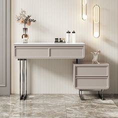 a bathroom vanity with two drawers and a mirror on the wall next to each other