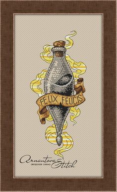 a cross stitch picture with a bottle and ribbon around it that says, felix fields