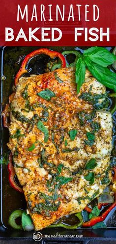 the cover of marinated baked fish is shown with peppers and herbs on it's side