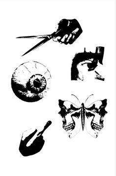 four black and white images with scissors, eyeballs, and other things in them