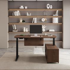 a computer desk sitting in front of a book shelf