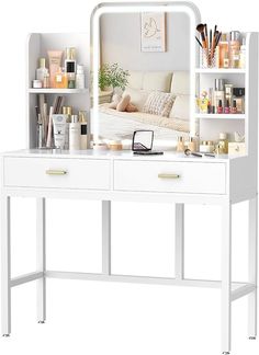 a white desk with lots of beauty products on it and a mirror over the top