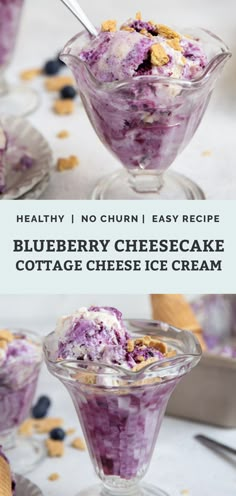 blueberry cheesecake cottage cheese ice cream is in a glass dish with a spoon