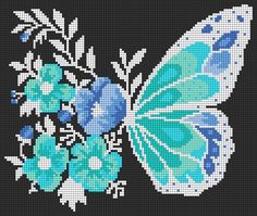 a cross stitch butterfly with blue flowers on it