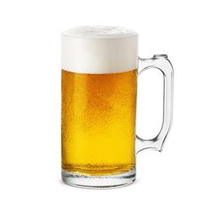 a glass mug filled with beer sitting on top of a table