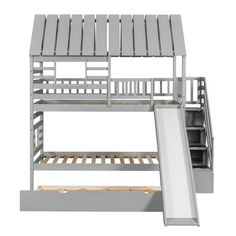 a metal bunk bed with stairs and slide