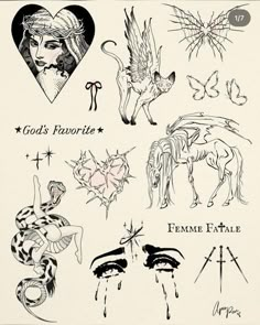 an old school tattoo flash sheet with various tattoos on it, including angel and devil