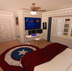 a bedroom with a captain america rug on the floor and a flat screen tv in the corner