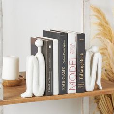 some books are sitting on a shelf with two figurines and one candle holder