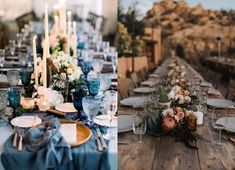 a long table is set with blue and white plates, silverware, and candles