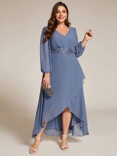 Plus Size V-Neck Long Sleeves Chiffon Formal Evening Dress with Applique #color_Dusty Navy Flattering Dresses For Plus Size, Chiffon Long Gown, Infinity Gown, Dress With Applique, A Line Evening Dress, Plus Size Gowns, Formal Evening Dress, Chiffon Evening Dresses, Affordable Dresses