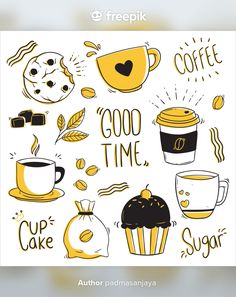 an image of coffee related items in yellow and black on a white background with the words good time