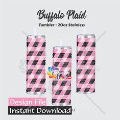 two pink and black plaidered tumblers with the words, design file instant download