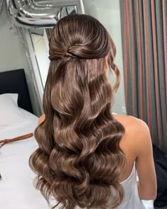 52 Cute Half Up Half Down Hairstyles for All Hair Types and Colors Hairstyles For Bridal Shower The Bride, Royal Half Up Half Down, Long Curled Hair Half Up Half Down, Wedding Hairstyles Half Up Half Down Hollywood Curls, Half Up Half Down Party Hairstyles, Brown Bridal Hair Half Up Half Down, Holly Wood Wave, Bridal Hair For Brunettes, Bridal Shower Hair Ideas