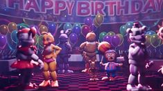 several cartoon characters standing in front of a happy birthday sign