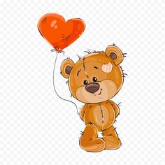 a brown teddy bear holding a red heart shaped balloon