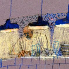 a drawing of two men sitting at a table with cups and saucers on it