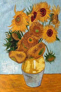 a painting of sunflowers in a vase on a table