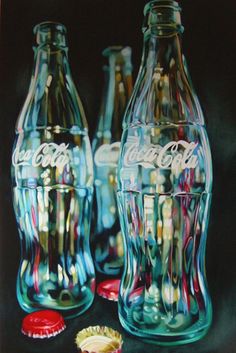 an oil painting of coca - cola bottles and a cupcake on a black background