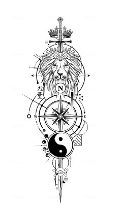 a black and white drawing of a lion with a compass on it's head