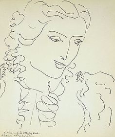 a black and white drawing of a woman's face with curls on her hair