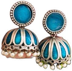 Festive Blue Tilla Jhumkas, Blue Fusion Earrings With Latkans, Blue Temple Jewelry Earrings For Festive Occasions, Blue Temple Jewelry Earrings With Latkans, Blue Temple Jewelry Jhumkas Gift, Blue Tilla Jhumkas For Gift, Blue Jhumkas For Festive Occasions, Blue Temple Jewelry Chandbalis As Gift, Blue Temple Jewelry Jhumkas For Diwali