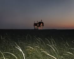 an image of a house that is in the middle of some tall grass at night