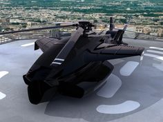 a futuristic black vehicle on top of a building with city in the backgroud