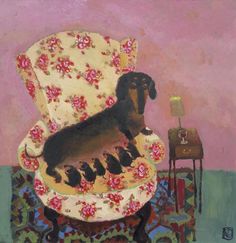 a painting of a dachshund sitting in a chair with puppies on it