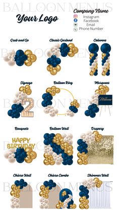 an image of balloons with the words happy birthday written on them and gold, white and blue